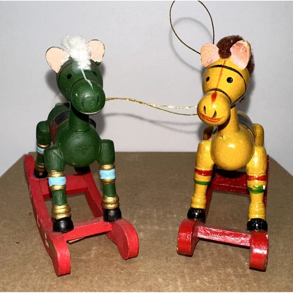 Set of 2 - Vintage 1980's Hand‎ Painted Yellow & Green Rocking Horse Ornaments